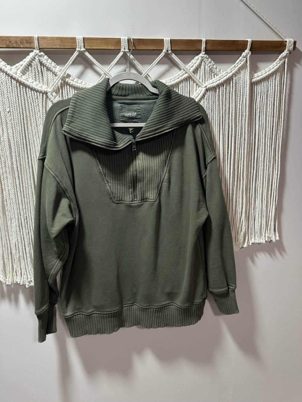 aerie Olive Half-Zip Ribbed Collar Pullover